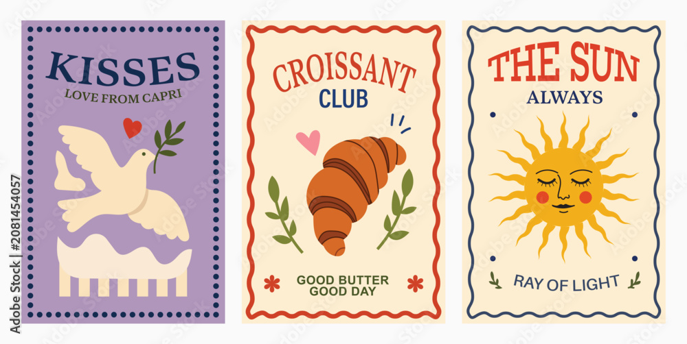 Fototapeta premium Vintage Cute Poster Collection with Dog Croissant and Sun Illustrations