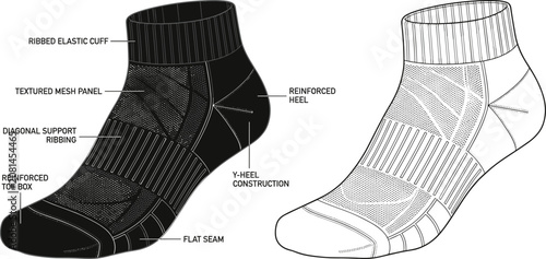Foto Technical fashion sketch vector diagram of low cut sport socks with fabric speci