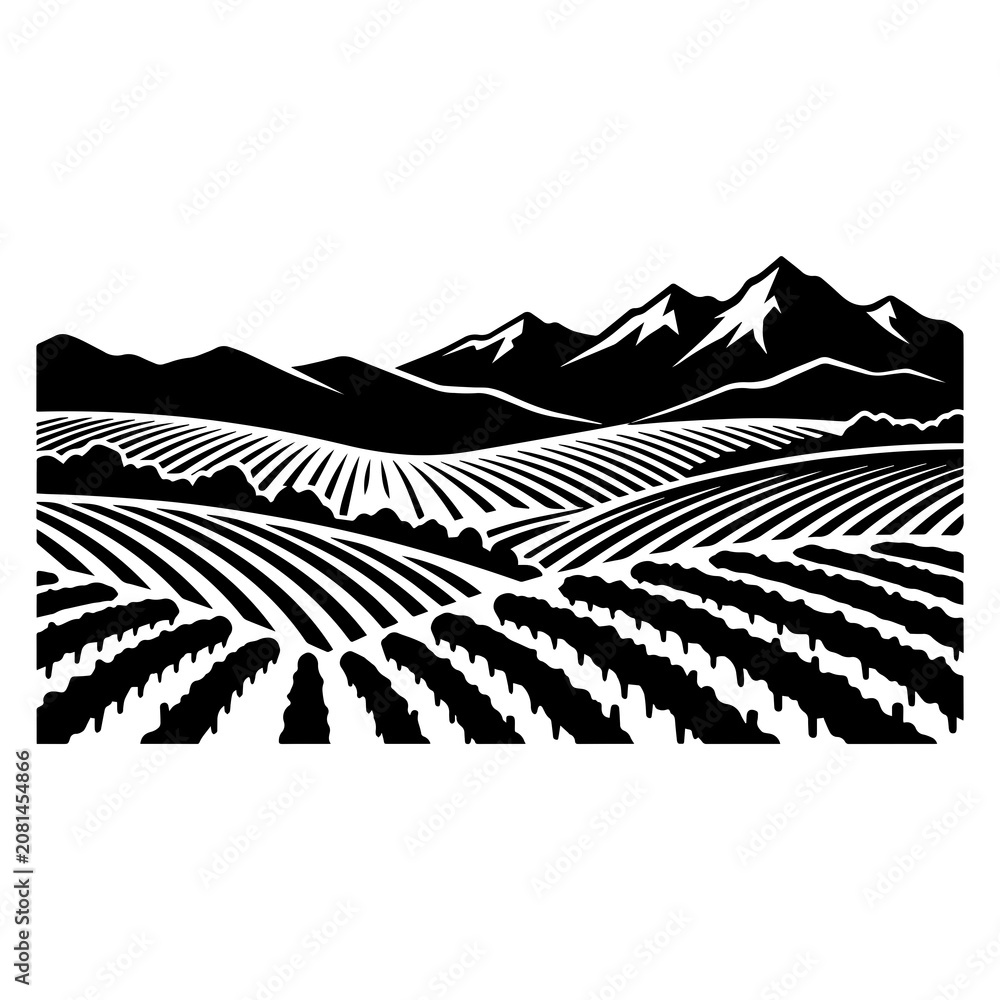 Fototapeta premium Black silhouette of a vineyard landscape with rows of grapevines and mountains in the distance, isolated on a white background