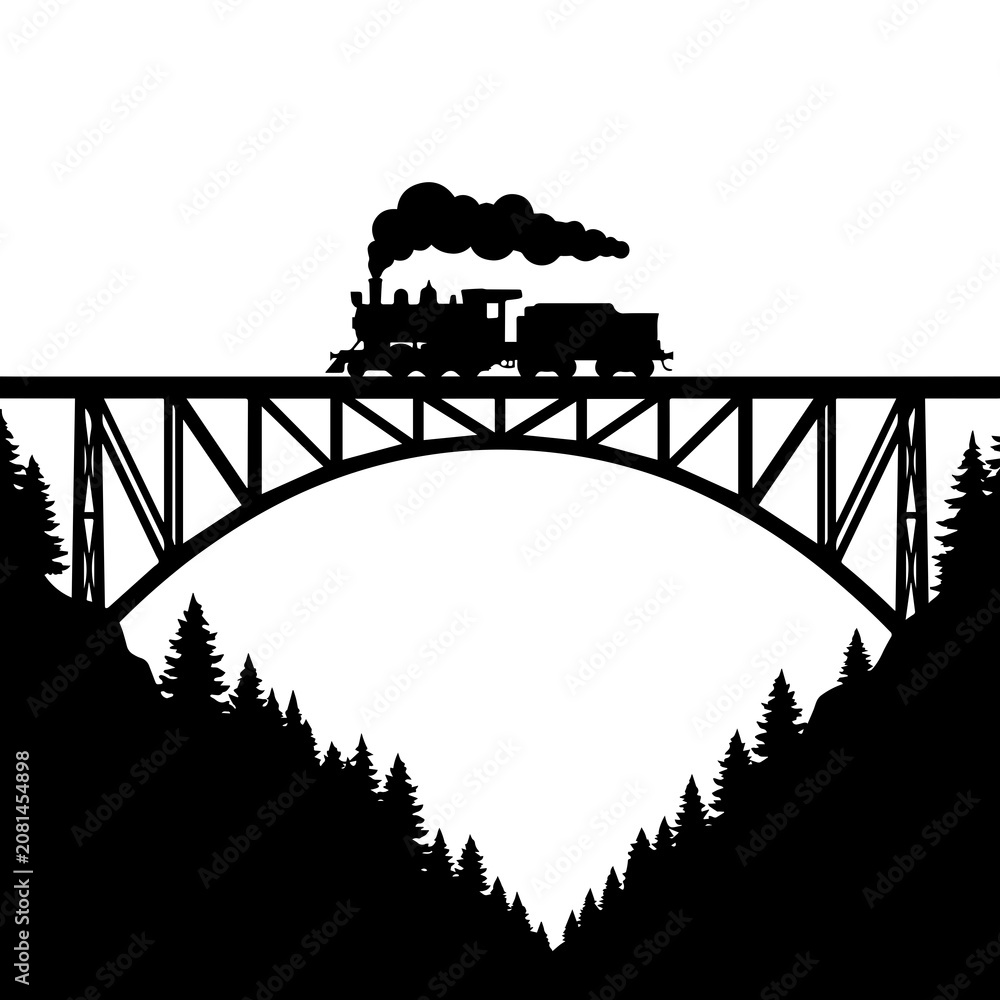 Fototapeta premium Black silhouette of a vintage steam locomotive train crossing a large arched bridge over a deep valley with pine trees in the foreground