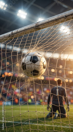 Soccer ball hitting the back of the goal net in a stadium