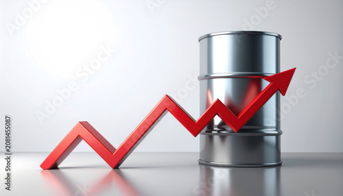 oil drum is prominently displayed with a vibrant red upward-pointing arrow symbolizing growth