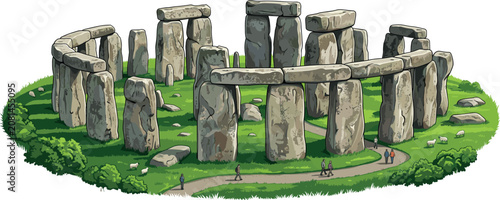 Stonehenge Ancient Megalithic Monument Vector Illustration on Green Grass Field with Tourists for United Kingdom Travel Tourism and Historical Landmark DesignsStonehenge Ancient Megalithic Monument Ve