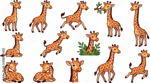 Cute Giraffe Character Vector Illustration Set with Various Poses Standing Running Eating Leaves and Sleeping for Children Book Safari and Zoo DesignsCute Giraffe Character Vector Illustration Set wit