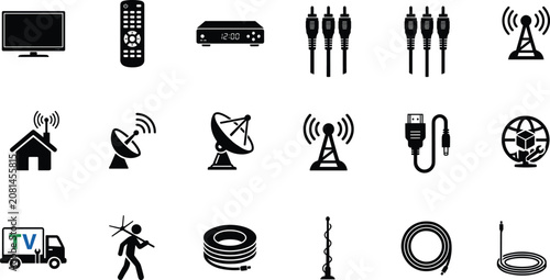Tableau sur toile Television broadcast and satellite antenna installation vector icon set with sig