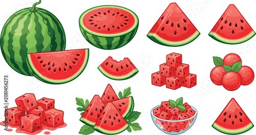 Fresh Ripe Watermelon Fruit Vector Illustration Set with Whole Sliced Halved and Cube Elements for Summer Food Market and Healthy Eating DesignsFresh Ripe Watermelon Fruit Vector Illustration Set with