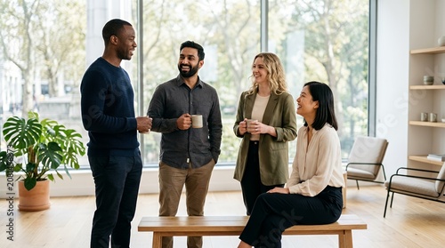 Tapety artystyczne Four diverse business professionals having a casual conversation and coffee break in a modern, sunlit office space.