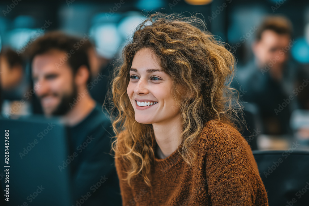 Obraz premium Smiling young professional collaborating in a modern office, highlighting teamwork, workplace culture, creativity, and positive business communication.