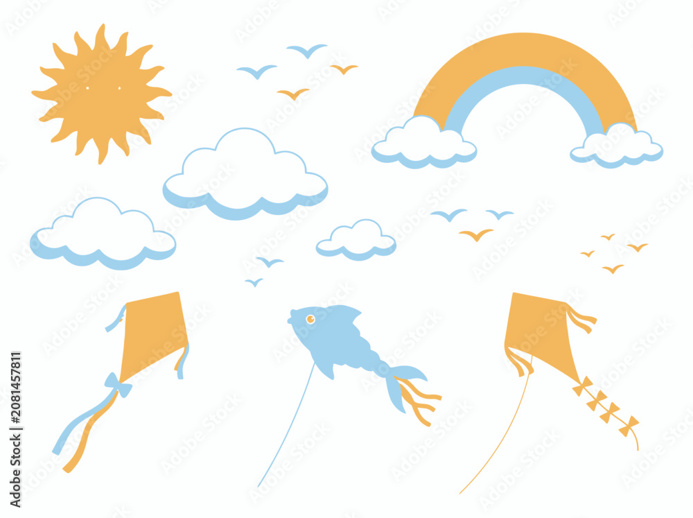 Fototapeta premium A collection of colorful kites flying in the sky with clouds and a rainbow.