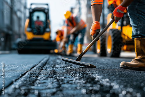 Road construction workers paving fresh asphalt with heavy machinery, improving transportation infrastructure through skilled teamwork and engineering.
