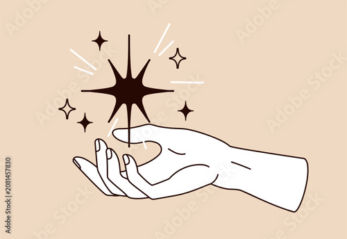 Hand with glowing sparkling stars, mystical light. Astrology, esoteric occult...
