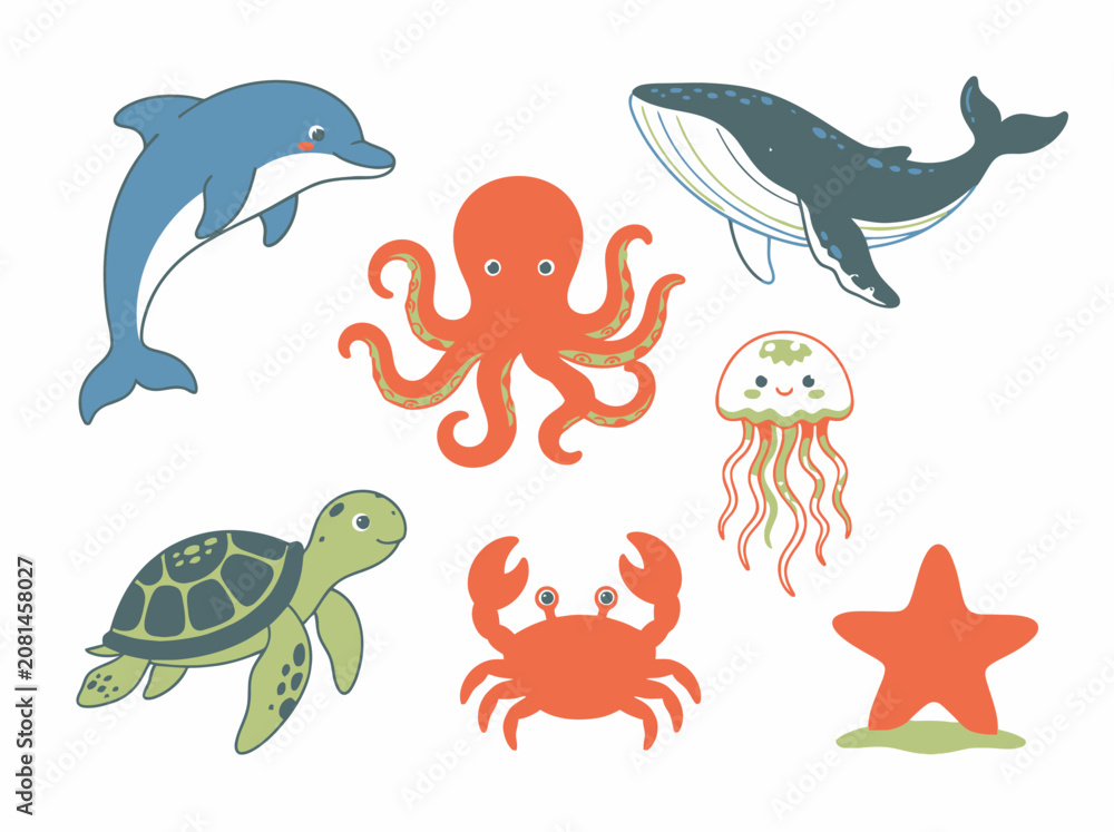 Obraz premium Collection of cute cartoon sea animals including dolphin octopus whale turtle crab jellyfish and starfish.