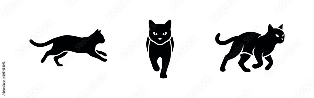 Fototapeta premium Cat icons set. Various poses of feline animal silhouettes on a white background.
