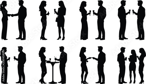Silhouette collection of people at social gatherings, networking events, and professional interactions with drinks and handshakes