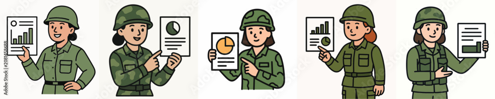 Fototapeta premium A set of vector illustrations of a female soldier presenting a report.