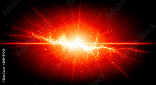 Fiery explosion of light and energy with glowing particles and electric crackles dark background
