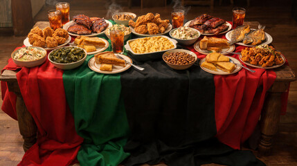 A large round table draped in a red green and black Pan-African flag cloth is loaded with traditional soul food dishes including fried chicken macaroni greens and cornbread.
