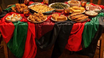 A festive soul food dinner spread laid over a Pan-African red black green tablecloth features fried chicken mac and cheese cornbread collard greens and various traditional sides.
