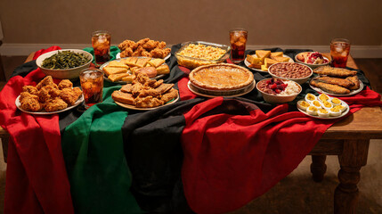 An abundant Juneteenth celebration feast table covered with a Pan-African colored fabric holds fried chicken mac and cheese collard greens cornbread and other soul food dishes.