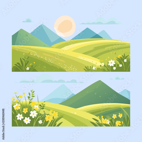 Picturesque countryside landscape featuring rolling green meadows and distant mountains