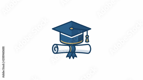 Blue graduation cap and white diploma scroll icon representing academic achievement, education vector illustration