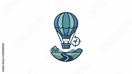Minimalist hot air balloon travel logo icon with scenic winding road landscape illustration