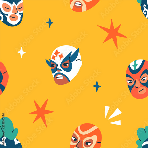 Luchador wrestlers in face masks, seamless pattern design. Endless background...