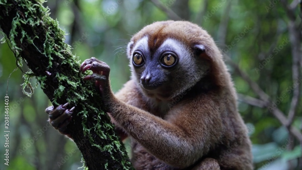 Fototapeta premium Lemur gripping mossy branch.
