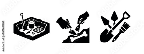 Tableau sur toile Archaeology site icons: dig pit, tools, excavation