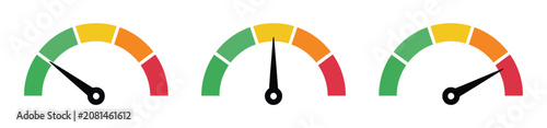 Obraz na płótnie Performance Gauge Icons with circular meter dials, green to red indicators, black needles, speed monitoring, risk levels, score tracking, dashboard widgets, and vector illustration