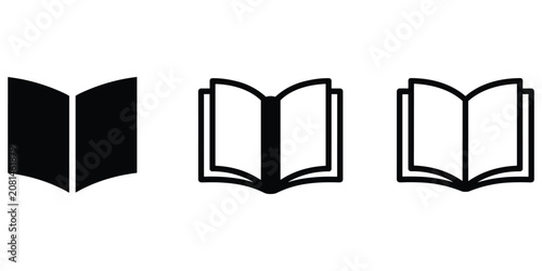 Open book icon set in flat black and outline styles for education and reading learning materials