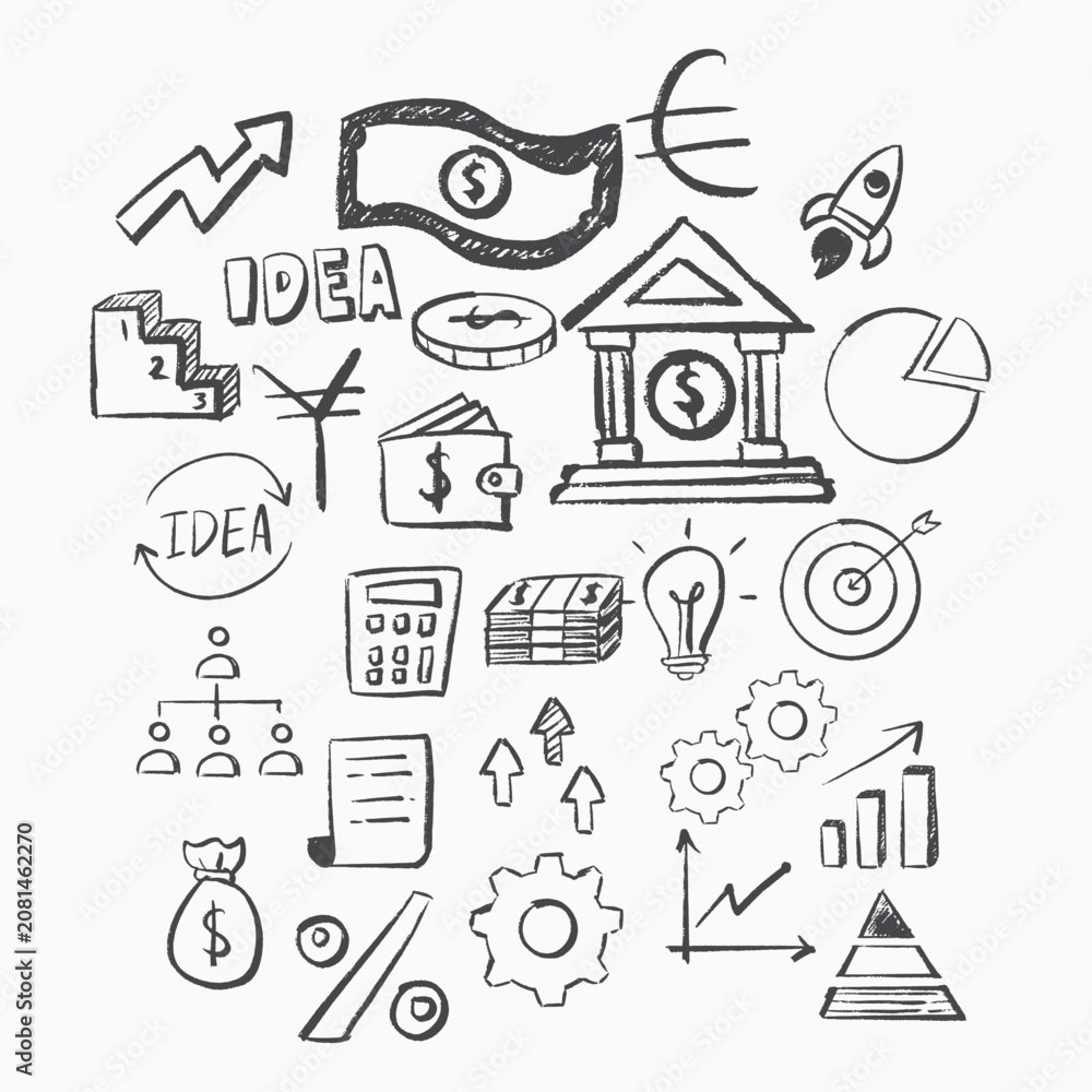 Fototapeta premium Hand Drawn Business Finance Doodle Illustration Set