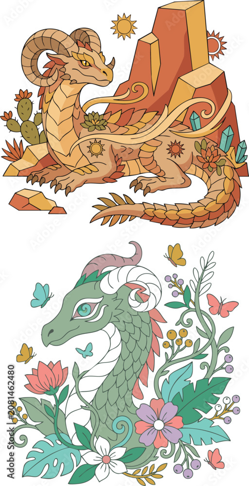 Fototapeta premium Dragons in desert and floral settings two fantasy 