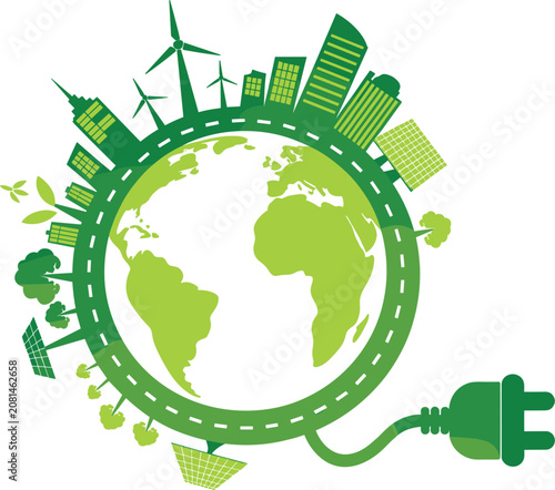 Green eco city on planet Earth globe with electric plug, renewable energy vector illustration