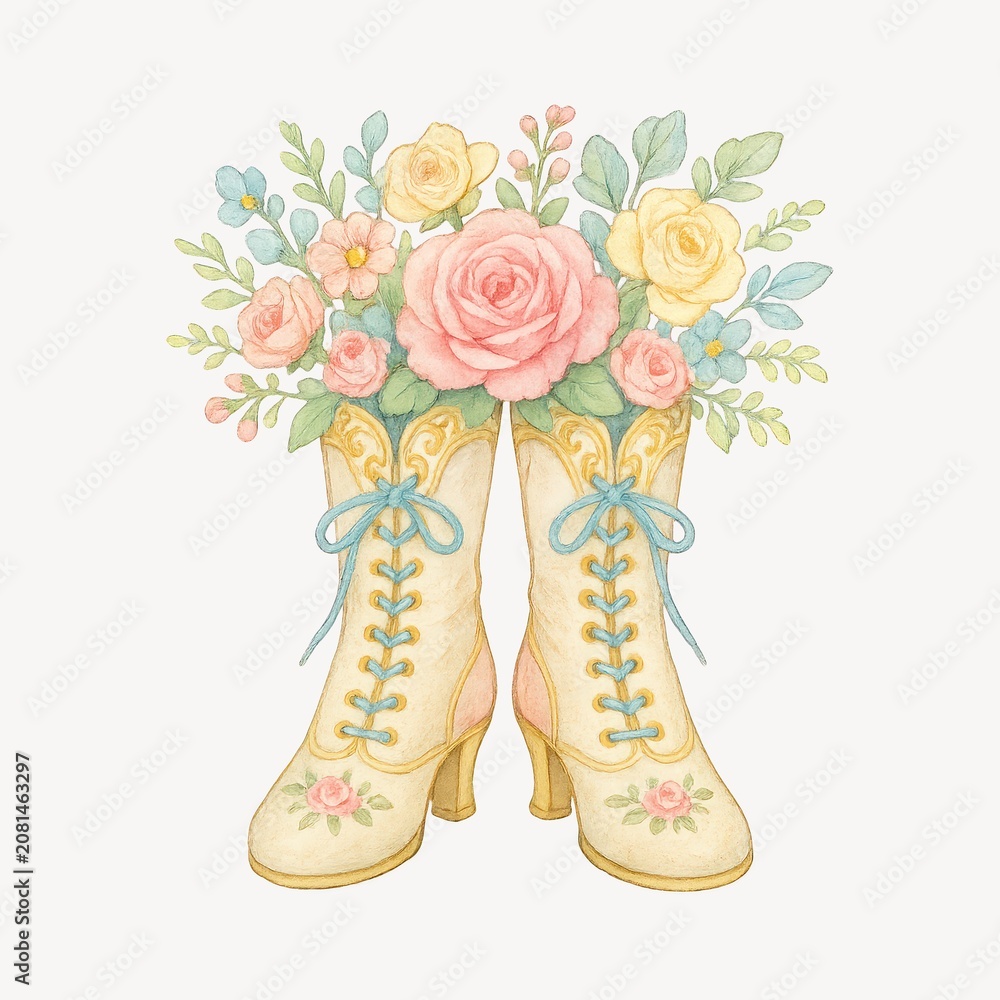 Obraz premium Vintage boots with floral arrangement.