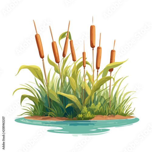 magnificent vector illustration displaying tall reed grass and cattail plants growing near calm wetland water banks for nature scenes
