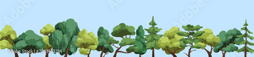 Forest trees, horizontal border, panoramic banner design. Long wood nature la...