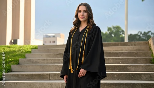 Young Woman in Graduation Gown Standing on University Steps.