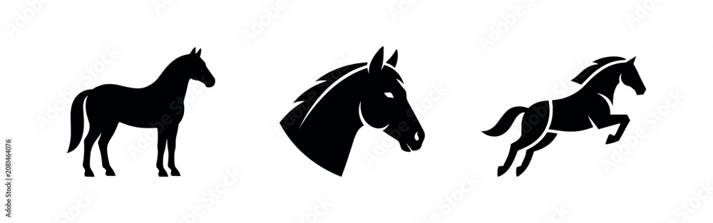 Fototapeta premium Horse icons: silhouette, head profile, and jumping horse