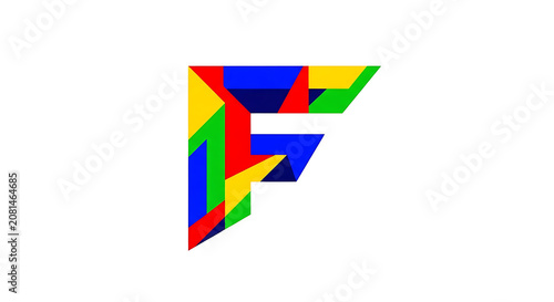 Colorful abstract of overlapping geometric shapes in red, blue, yellow, green, and purple