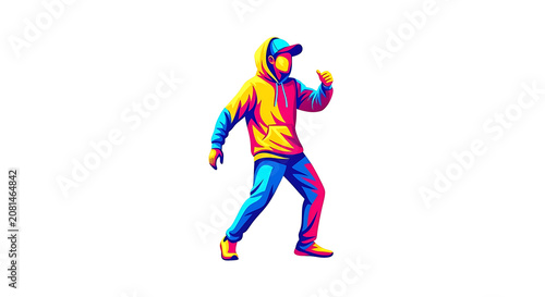 Colorful cartoon character jumping in mid-air, wearing rainbow outfit and sneakers