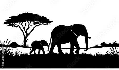 Photography Mother and Baby Elephant Silhouette with Acacia Tree African Wildlife Vector Art