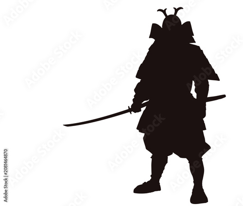 抜刀した日本刀を持つ甲冑姿の武将を描いた全身の黒いシルエットイラスト素材