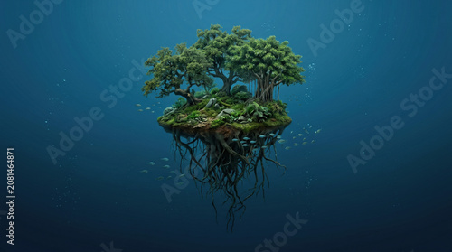 Surreal Floating Island with Trees Underwater
