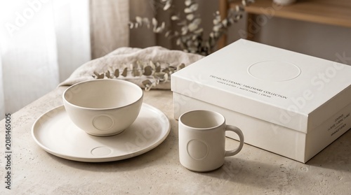 A mockup of a modern table setting with a cup on a saucer and a mug next to a gift box on a beige surface