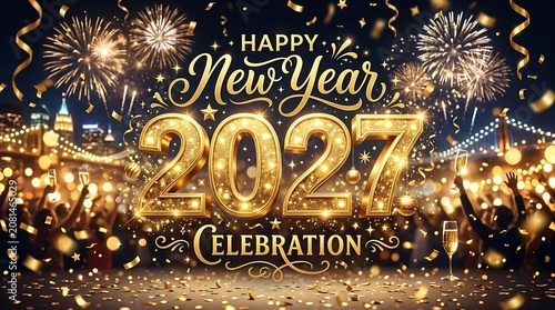 Happy new year 2027 celebration with golden fireworks, confetti, and sparkling lights.