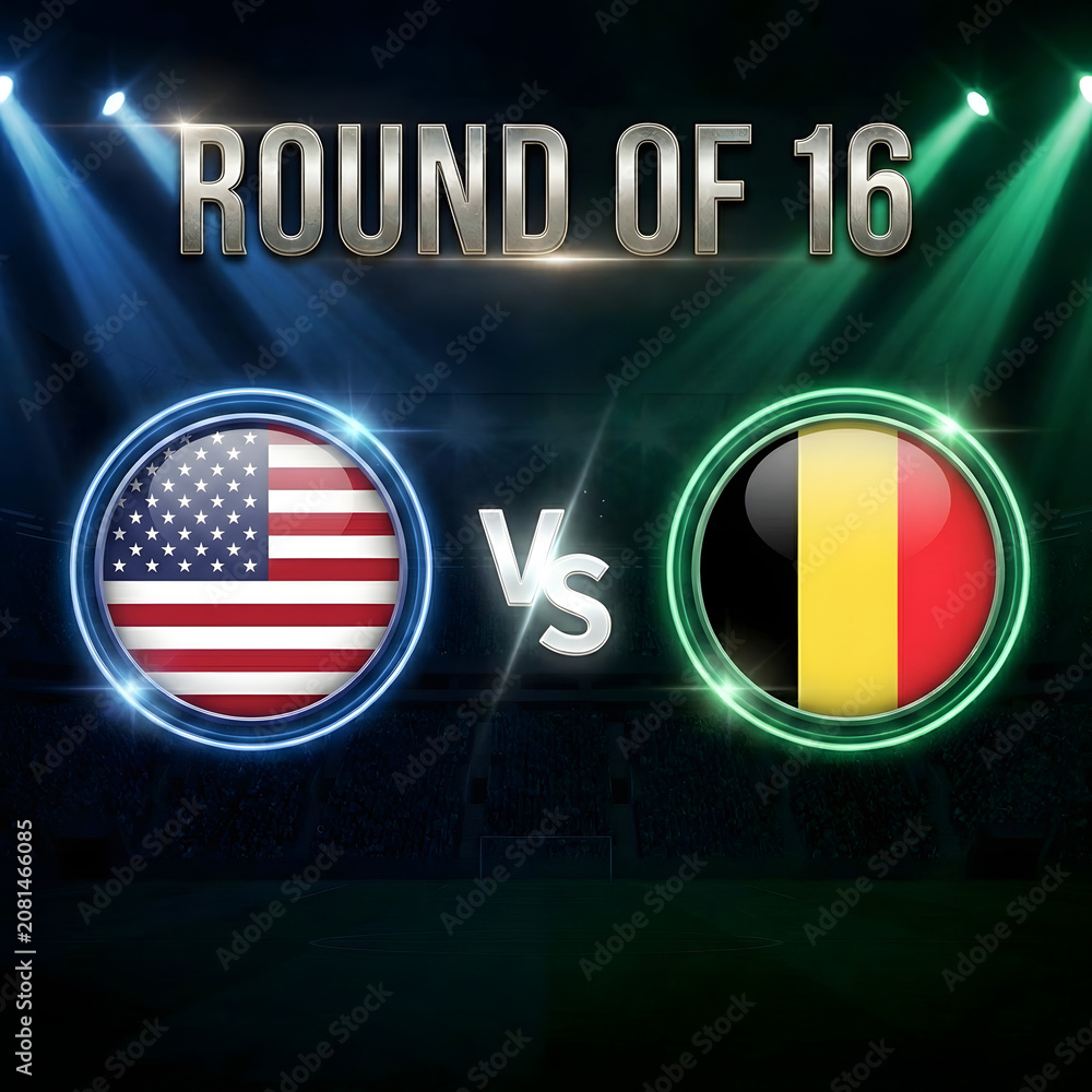 Obraz premium Soccer match round of 16 usa versus belgium graphic featuring glowing country flag icons and dramatic stadium lighting for international sports tournament