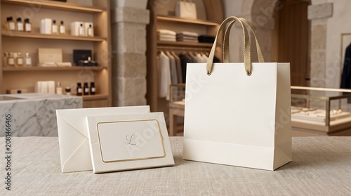 A mockup of a stylish shopping bag and gift box on a table in a modern store interior with shelves and display cases.