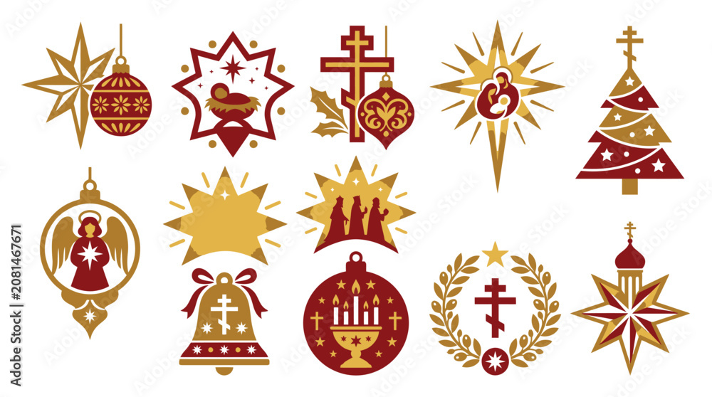 Obraz premium Collection of Christmas and Nativity Icons and Ornaments in Red and Gold.