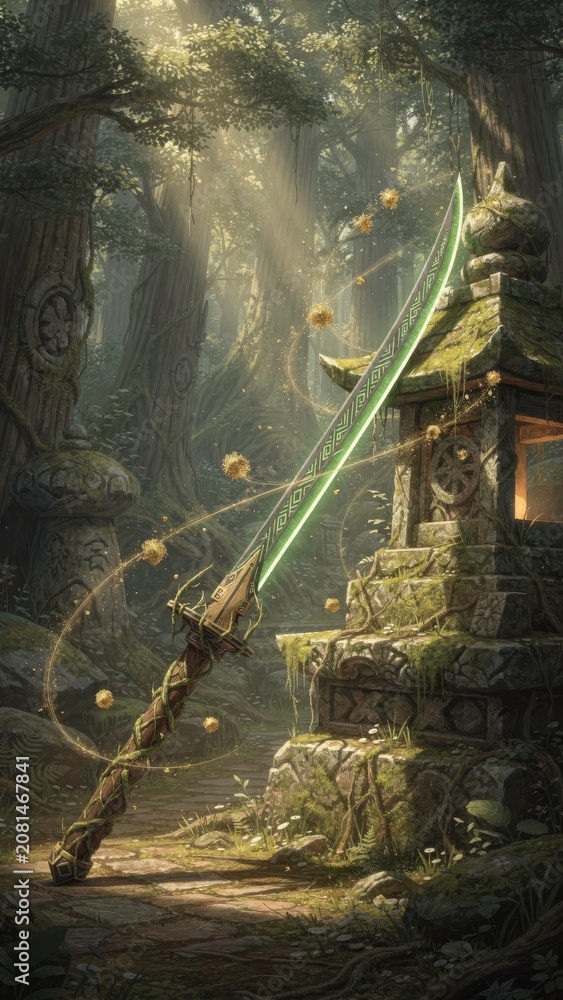 Obraz premium Roots of the Undying Grove — Divine Sacred Weapon Game Concept Art｜不滅の杜の根 — 神聖なる武器 ゲームコンセプトアート